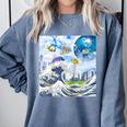 Frutiger Aero Aesthetic Tech Great Wave Of Kanagawa Fishes Raglan Baseball Tee Comfort Colors Sweatshirt Denim