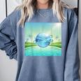Frutiger Aero Y2k Aesthetic Palm Trees Cyber Beach World Comfort Colors Sweatshirt Denim