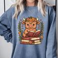 Highland Cow Reading Book Graphic Cow With Book Floral Comfort Colors Sweatshirt Denim