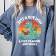 Just A Boy Who Loves Dragons And Books Kids Toddler Baby 5T Comfort Colors Sweatshirt Denim