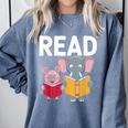 Pig Elephant Reading Cute Book Lover Bookworm Boys Girls Kid Comfort Colors Sweatshirt Denim