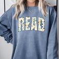 Retro Read Floral Reading Bookworm Librarian Book Lover Comfort Colors Sweatshirt Denim