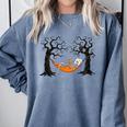 Skeleton Reading Book In Hammock Halloween Reader Comfort Colors Sweatshirt Denim