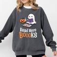 Halloween Teacher Women Cute Reading Ghost Read More Books Comfort Colors Sweatshirt Pepper