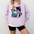 Adorable Book Lover Calico Cat With Reading Glasses Cute For Men Women Kids Comfort Colors Sweatshirt Crimson