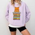Cute Orange Tabby Cat Reading On Pile Of Books Comfort Colors Sweatshirt Crimson