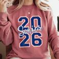 Senior 2026 Graduation Varsity Navy Blue On The Back Comfort Colors Sweatshirt Crimson