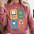 Books Yarn Coffee Repeat Crocheting Comfort Colors Sweatshirt Orchid
