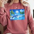 Frutiger Aero Dolphin Sunset Ocean With Palm Trees Y2k Comfort Colors Sweatshirt Orchid