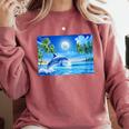 Frutiger Aero Dolphin Sunset Ocean With Palm Trees Y2k Premium Comfort Colors Sweatshirt Orchid