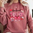 HUGvyn One Loved Teacher Valentine Book Heart Reading Bow Comfort Colors Sweatshirt Orchid
