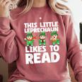This Little Leprechaun Likes To Read St Patrick's Day Book Comfort Colors Sweatshirt Orchid