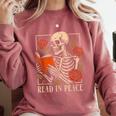 Read In Peace Skeleton Reading Book Halloween Teacher Comfort Colors Sweatshirt Orchid