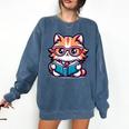 Adorable Book Lover Maine Coon Cat With Reading Glasses Cute Comfort Colors Sweatshirt Blue Jean