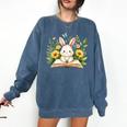 Cute Rabbit And Book Women Girls Reading Book Rabbit Lover Comfort Colors Sweatshirt Blue Jean