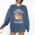 Easily Distracted By Cats And Books Cute Cat Sleeping Girls Comfort Colors Sweatshirt Blue Jean