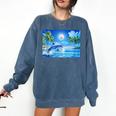 Frutiger Aero Dolphin Sunset Ocean With Palm Trees Y2k Comfort Colors Sweatshirt Blue Jean