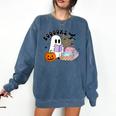 Ghost Reading Halloween Women Teacher Book Lover Comfort Colors Sweatshirt Blue Jean