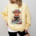 Bookworm Cute Baby Highland Cow Reading Book Comfort Colors Sweatshirt Blue Spruce