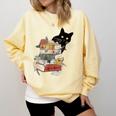 Cat And Books Flowers Reading Club Cat Lover Bookworm Comfort Colors Sweatshirt Blue Spruce