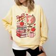 Coquette Teacher School Supplies Bows Books Globe Apple Cute Comfort Colors Sweatshirt Blue Spruce