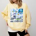 Frutiger Aero Aesthetic Tech Great Wave Of Kanagawa Fishes Raglan Baseball Tee Comfort Colors Sweatshirt Blue Spruce