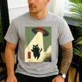 Vintage Japanese Cat Alien Cat Dad UFO Abduction Graphic Tee Men's Casual T-Shirt Sport Grey