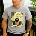 Vintage Japanese Cat Book Lovers Librarian Cat Dad Teacher Men's Casual T-Shirt Sport Grey