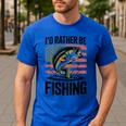 I'd Rather Be Fishing Bass Fish Dad Joke American Flag Men's Casual T-Shirt Royal Blue