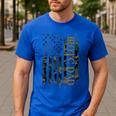 JROTC Dad United States Distressed Camo w US Flag Men's Casual T-Shirt Royal Blue JROTC Dad United States Distressed Camo w US Flag Men's Casual T-Shirt Royal Blue