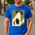 Vintage Japanese Cat Alien Cat Dad UFO Abduction Graphic Tee Men's Casual T-Shirt Royal Blue