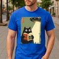 Vintage Japanese Cat Book Lovers UFO Alien Abduction Cat Dad Men's Casual T-Shirt Royal Blue