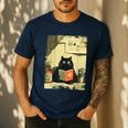 Vintage Japanese Cat Book Lovers Librarian Cat Dad Teacher Men's Casual T-Shirt Navy