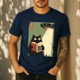 Vintage Japanese Cat Book Lovers UFO Alien Abduction Cat Dad Men's Casual T-Shirt Navy