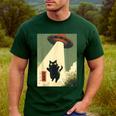 Vintage Japanese Cat Alien Cat Dad UFO Abduction Graphic Tee Men's Casual T-Shirt Forest