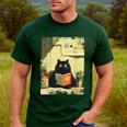 Vintage Japanese Cat Book Lovers Librarian Cat Dad Teacher Men's Casual T-Shirt Forest