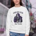 Good Girls Read Bad Books Sarcastic Skeleton Goth Skull Youth Crewneck Sweatshirt