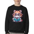 Adorable Book Lover Maine Coon Cat With Reading Glasses Cute Youth Crewneck Sweatshirt