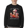 I Like My Books Spicy And My Coffee Icy Skeleton Youth Crewneck Sweatshirt