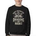 Easily Distracted By Books & Dragons Bookworm Reading Youth Crewneck Sweatshirt