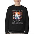 Easily Distracted By Coffee Cats And Books Youth Crewneck Sweatshirt