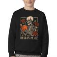 Read In Peace Skeleton Reading Book Halloween Teacher Youth Crewneck Sweatshirt