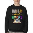 Wild About Reading Books Reader Bookworm Animals Book Lover Youth Crewneck Sweatshirt