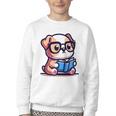 Adorable Book Lover Bulldog With Reading Glasses Cute Raglan Baseball Tee Youth Crewneck Sweatshirt