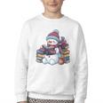 Snowman Reading Book Lovers Christmas Bookworm Librarian Youth Crewneck Sweatshirt