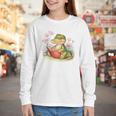 Crocodile Reading Book Watercolor Flowers Kids Youth Long Sleeve Tee