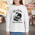Life Is Better With Cats & Books Tuxedo Cat Mom Women Youth Long Sleeve Tee
