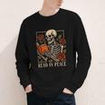 Read In Peace Skeleton Reading Book Halloween Teacher Youth Long Sleeve Tee