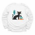 Cat Midcentury With Book And Coffee Atomic Age Mid Century Youth Long Sleeve Tee
